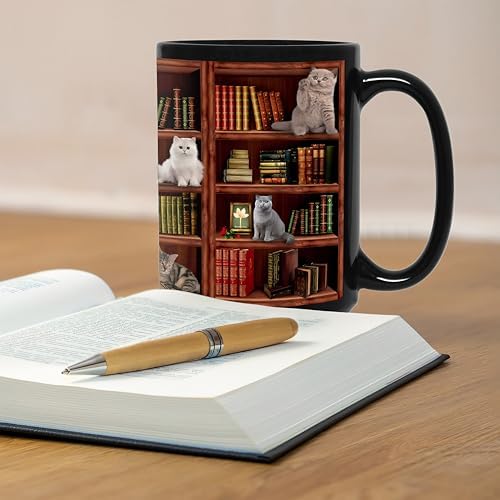 Cat Book Coffee Mug, Library Bookshelf Tea Cup, Black, 15oz