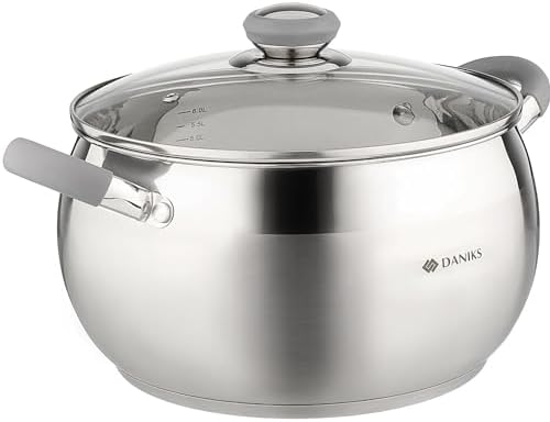 Daniks Modern 7 Quart Stainless Steel Stock Pot with Glass Lid, Tri-Ply Bottom for Even Heating, Induction Compatible, Dishwasher Safe, Heatproof Handles