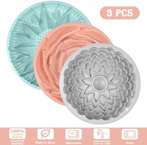 Sakolla 3 Pack Flower Shape Silicone Cake Molds, Large Round Silicone Molds for Baking Cake, Breads, Pies, Tarts (Rose, Chrysanthemum, Sunflower)