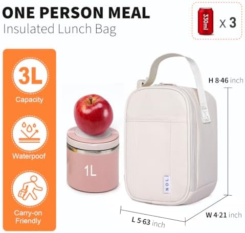 NOL Small Insulated Snack Bag Mini Freezable Cooler Pouch 3L fit 3 Cans | Wide-Mouth 6hours Cool & Warm Lightweight Leakproof Nylon Box for Work Travel Cream