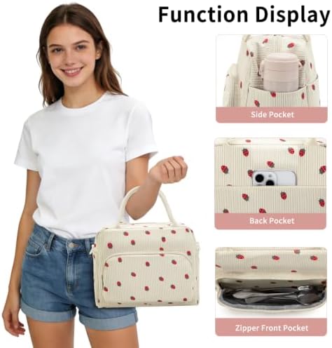 GASSDA Lunch Box for Women Insulated Lunch Bag Women Adult Cute Lunch Bags Reusable Lunchbox Cooler Tote Bag for Work Picnic (Beige-Strawberry)