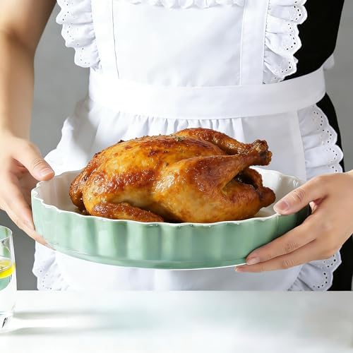 Quiche Baking Dish,Ceramic Pie Pan 11 Inch Reusable,Pizza Pan，Non-Stick Round Tart Pan with Ruffled Edge Microwave Dishwasher and Oven Safe (GREEN)