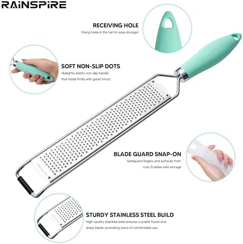 Rainspire Zester Grater with Handle, Lemon Zester Cheese Grater for Kitchen Stainless Steel, Parmesan Cheese Garlic Nutmeg Chocolate Fruits Vegetables Ginger Grater, Fine, Mint Green