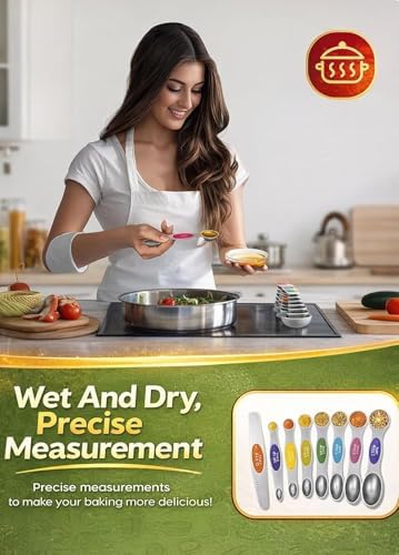Premium Magnetic Measuring Spoons Set|Strong N52 Magnets|Heavy Duty Stainless Steel|Dual-Sided for Spice Jar & Liquid Measuring|Dishwasher Safe|7 Spoons with Leveler for Baking & Cooking (Colorful)