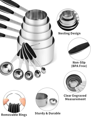 JOYHILL Measuring Cups and Spoons Set 304 Stainless Steel 10-Piece Black