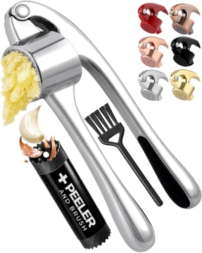 Zulay Kitchen Large Premium Garlic Press Set - Bigger Bowl for Bigger Garlic - Rust Proof Garlic Mincer Tool - Easy-Squeeze, Easy-Clean Silicone Garlic Peeler & Brush (Chrome)