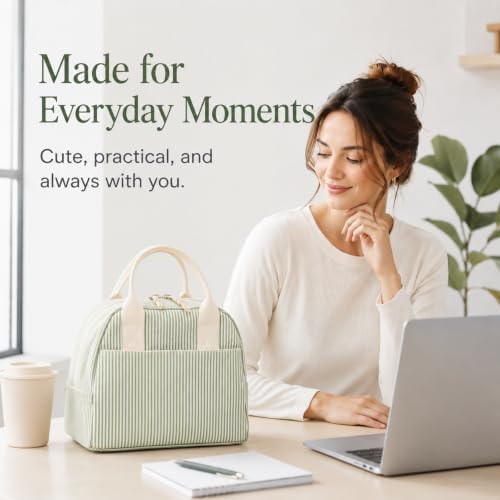 LOVELYWIND Lunch Box for Women, Insulated Lunch Bag, Green Stripe Tote