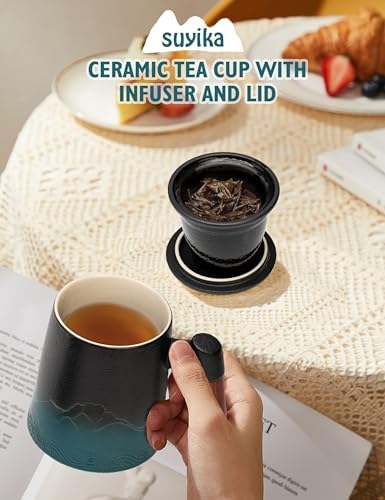 suyika Tea Cup with Infuser and Lid, Gradient Black & Blue, 15.2oz /450ml
