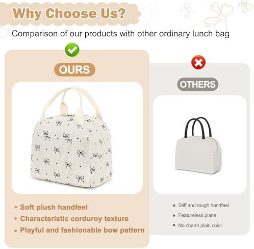 EurCross Cute Bow Tie Lunch Bag for Girls, Ivory Corduroy Insulated Lunch Bag for Two-Meal Space Perfect for School Days, Commuting, fits Bento Boxes, Round Containers, Designer Lunchboxes