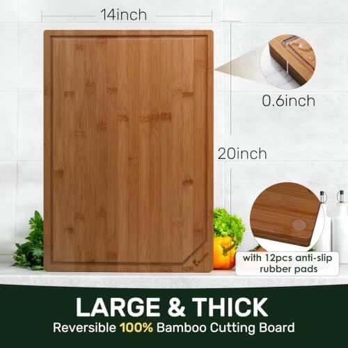 Kikcoin 20”×14” Deep-Carbonized Bamboo Cutting Boards for Kitchen, Healthy Wooden Cutting Boards for Kitchen, Charcuterie, Vegetables, Extra Large Chopping Boards with Deep Juice Groove and Handle