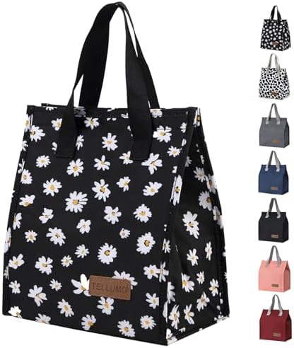 TELLUMO Black Daisy Lunch Bag, Insulated Cute Lunch Bags for Women, Small Reusable Leakproof Lunch Box Tote Container for Work Office Travel Beach