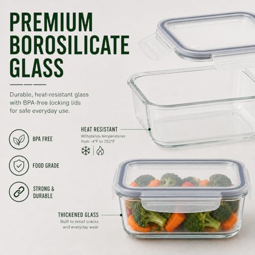 5 Pack 36oz Borosilicate Glass Food Storage Containers Set with Lids, Freezer Meal Prep Containers, Airtight Bento Lunch Container Set, Oven, Freezer and Dishwasher Safe, BPA Free, Kitchen Storage Set