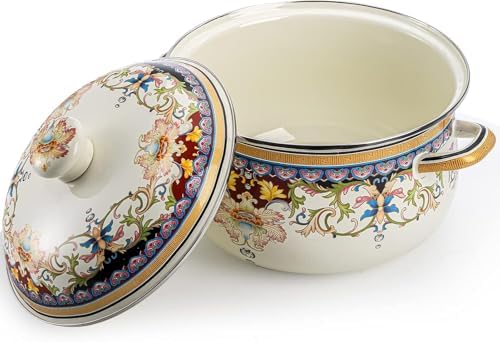 ZENFUN Kitchen Enamel Stockpot with Lid, 3.7 Quart Vintage Nonstick Steamer Pot, Thicken Large Soup Pot with Handles Retro Flower Cooking Stew Bean Pot, Safe for Induction Cookers