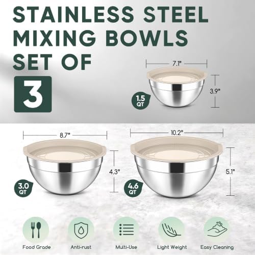 Herogo Stainless Steel Mixing Bowls with Lids Set of 3, 1.5/3/4.6Qt, Khaki