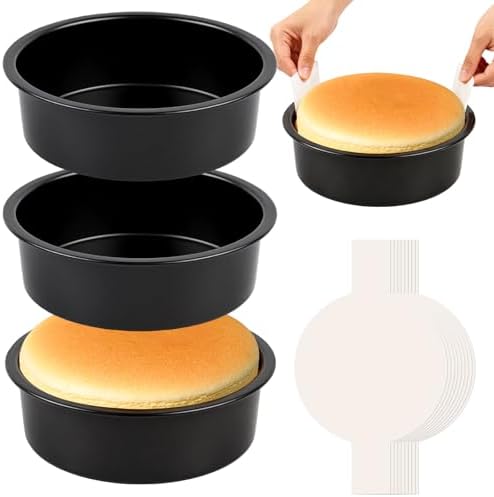 6 Inch Round Cake Pan Set of 3 - Nonstick Carbon Steel Cake Baking Pans with 100 PCS Parchment Paper, Dishwasher Safe, Durable for Layer Cakes, Birthday & Christmas Baking