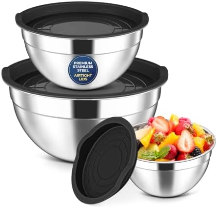 Herogo Stainless Steel Mixing Bowls with Lids Set of 3, 1.5/3/4.6Qt, Black