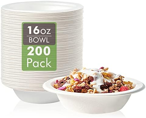 Vplus 200 Pack 16 OZ Compostable Paper Bowls, Bagasse Bowls，White