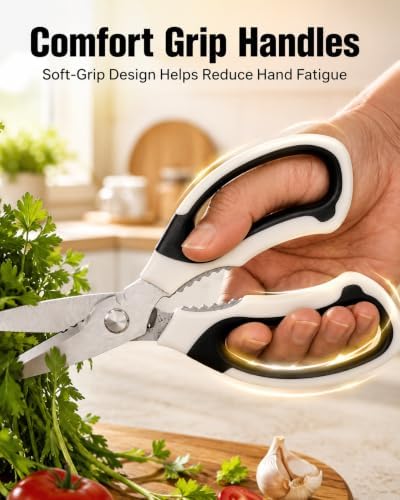 Kitchen Shears for Everyday Food Prep, Serrated Stainless Steel Kitchen Scissors with Comfort Grip Handles and Protective Sheath, Dishwasher Safe Food Scissors for Herbs, Bacon, Pizza, Food Package