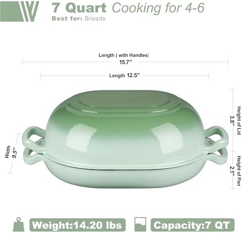 VORRINGARD Enameled Cast Iron Sourdough Bread Oven, Dutch Oven, Loaf Cast Iron Bread Pan for Homemade Bread Baking, Meatloaf Pan with Lid, 7QT, Green