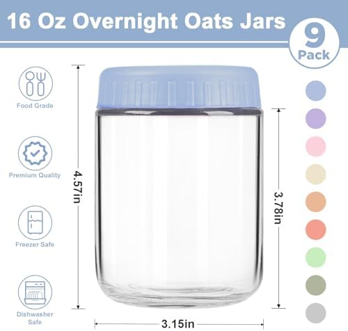 Overnight Oats Containers with Lids, 16oz Wide Mouth Mason Jars with Lids, 9 Pack Glass Jars with Airtight lid for Chia Pudding Yogurt Salad, Meal Prer Oatmeal Jars, Blue