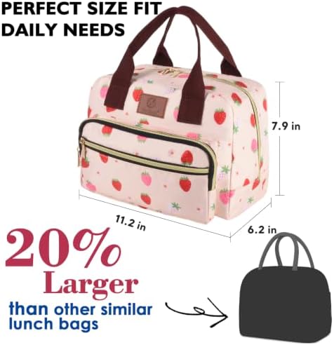 Insulated Lunch box for Women,Leakproof Quilted Thermal Lunch Bag, 14L Large Capacity Lunch Tote Bag Lightweight LunchBox Cooler for Work, School, Picnic or Travel with 2 Front Pocket-Strawberry
