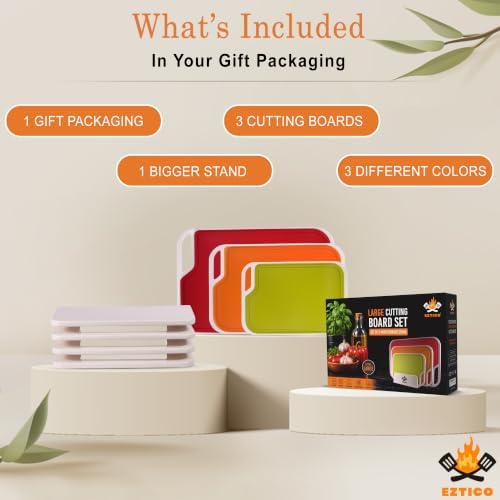 Large Cutting Board 17.5" x 12" Set of 3 with Storage Stand – Extra Large BPA Free Plastic Cutting Boards for Kitchen – Non Slip Chopping Boards with Juice Groove & Easy Grip Handles – Dishwasher Safe