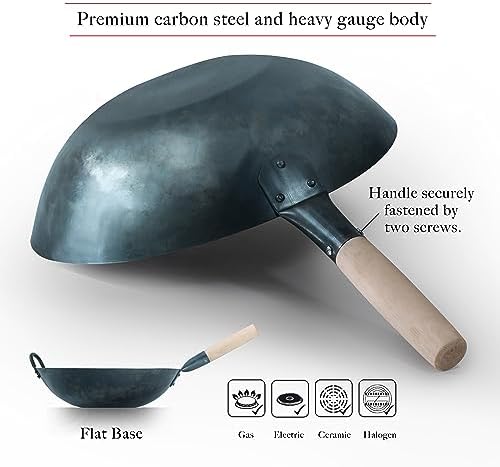 Large Flat Bottom 16-inch Traditional Carbon Steel Wok Pan - Authentic Hand Hammered Woks and Stir Fry Pans - Pow Wok with no chemical coating