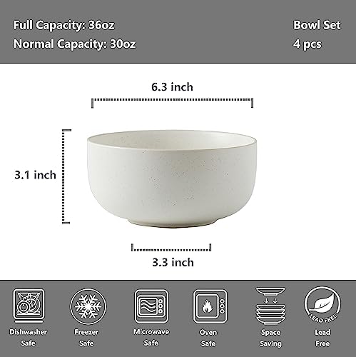 S&Q'S CERAMICS S&Q Ceramic Bowls for Kitchen, 36 Ounce, Large Capacity Cereal Bowls Set of 4, For Soup, Oatmeal, Breakfast, Microwave and Dishwasher Safe, Glazed Matte Off White…