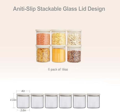 Urban Green Glass Food Storage Jar with Glass Lid, Food Canister Set with Airtight Lids, Pantry Storage Jar for Kitchen Organization. Food Storage Containers in Pack of 6, 16oz.