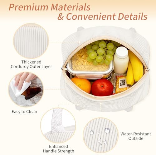 Coobiiya Corduroy Lunch Bag Lunch Box for Women Men, Cute LunchBag Lunch Tote Bags Insulated Reusable LunchBox Large Capacity Cooler Bag for Work Travel Picnic
