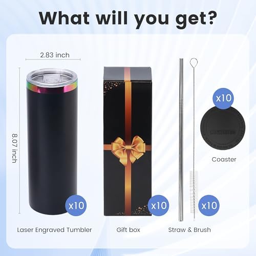 Joyclub 20 oz Tumblers Bulk 10 Pack Rainbow Stainless Steel Skinny Straight