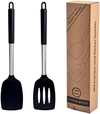 2-Pack Silicone Solid & Slotted Turner Spatulas, Non-Stick Heat Resistant Cooking Utensils for Eggs, Fish & Pancakes, Stainless Steel/Black Handle