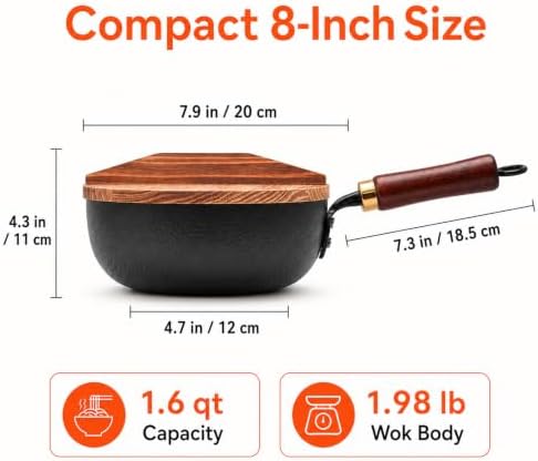WANGYUANJI 8-Inch Carbon Steel Wok with Lid, Flat Bottom, Gas and Induction