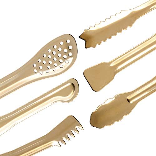 HINMAY Gold Plated Mini Serving Tongs Set 6-Inch Appetizers Tongs, Set of 6