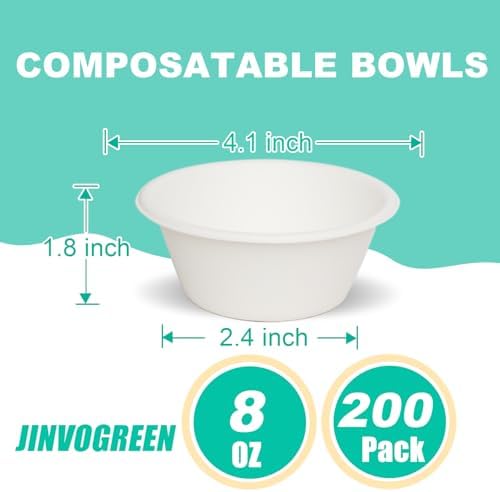 JINVOGREEN 200 Count 8 oz Paper Bowls, Small Compostable Bowl, White