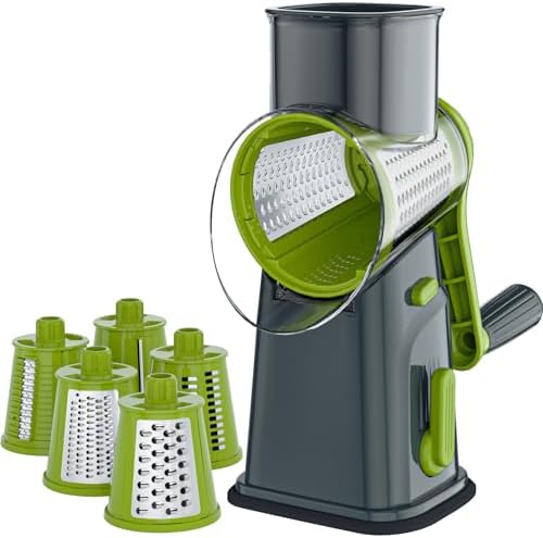 Ourokhome Rotary Cheese Grater Cheese Shredder with 5 Interchangeable Blades, Rotary Grater with Non-slip Suction Base Hand Crank Slicer for Vegetable Nuts Grey