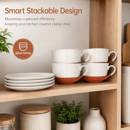 12 Oz Cappuccino Cups with Saucers, Coffee Cups Set of 4, Ceramic Tea Cup and Saucers, Wide Mouth Coffee Mugs for Latte Art, Cappuccino, Espresso & Cafe Drinks, Microwave Dishwasher Safe