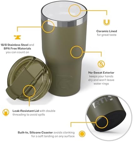 RTIC 20oz Essential Tumbler with Lid, Ceramic Lined, Olive