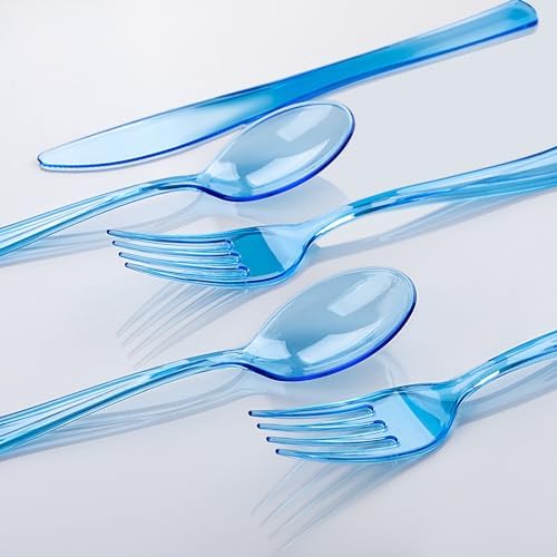 WDF 180 Pieces Blue Plastic Silverware Disposable - Clear Blue Cutlery Sets 60 Forks, 60 Knives and 60 Spoons - Heavy Duty Utensils for Party, Wedding