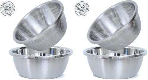 Paoli 304 Stainless Steel Fine Mesh Colander Set, 2QT Large Capacity Strainer with Mixing Bowl — Rinse Fruits, Veggies, Rice & Drain Pasta, Dishwasher Safe (2-Piece) (Pack of 2)