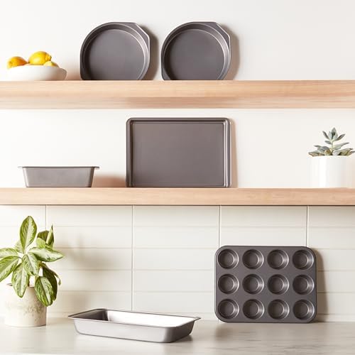 Amazon Basics 6 Piece Nonstick Carbon Steel Bakeware Set with Cake, Muffin, Cookie, and Loaf Pans, Easy Release, Oven Safe, 16.25 x 11.75 x 6.25 inches