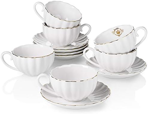 Royal Tea Cups and Saucers, with Gold Trim and Gift Box, British Coffee Cups, Tea Cup Set, Porcelain Tea Set, Cappuccino Cups, Latte Cups, Set of 6 (8 oz)- White