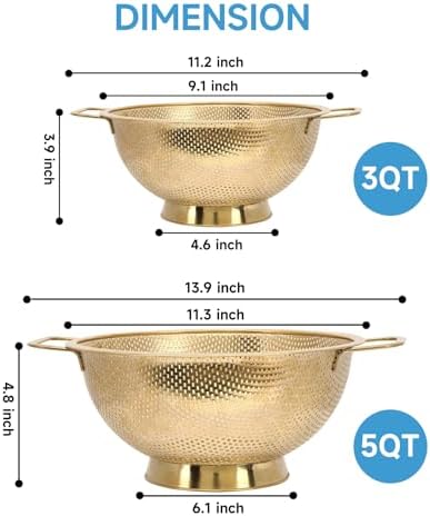 Gold Strainer for Kitchen, 5QT, Stainless Steel Colander with Handle for Fruits Vegetables Cooking Food, Dishwasher Safe