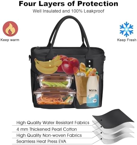 Hafmall Lunch Box for Men Women, Insulated Lunch Bag, Wide Opening, Black