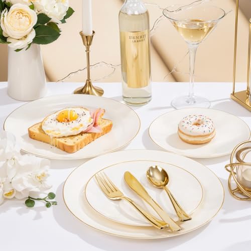 Nervure 100PCS Ivory and Gold Plastic Plates 10.25″ Disposable Dinner Plate