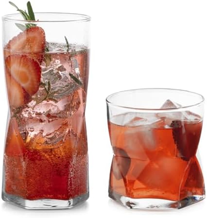Libbey Rhombus Tumbler and Rocks Drinking Glasses Set of 16, Fun Geometric Glass Cups Set, Kitchen Glasses Set for Cocktails, Water, and Everyday Use