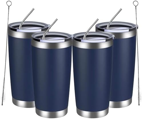 MEWAY 20oz Tumbler 4 Pack Double Wall Vacuum Insulated Travel Mug Bulk, Stainless Steel Tumblers with Lid and Straw, Durable Powder Coated Coffee Cups for Cold & Hot Drinks (Navy, 4)