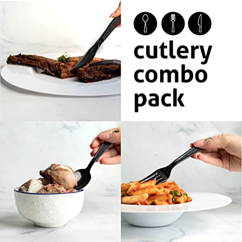 Heavy Weight Plastic Silverware Set - 200 Forks, 100 Knives, 100 Spoons - Disposable Cutlery Combo (Black) (Pack of 6)