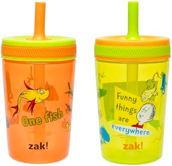 Zak Designs Dr. Seuss Kelso Toddler Cups For Travel or At Home, 15oz 2-Pack Durable Plastic Sippy Cups With Leak-Proof Design is Perfect for Kids (One Fish, Two Fish)