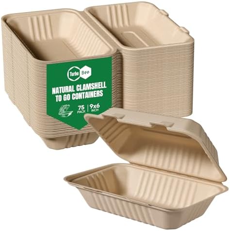 Turbo Bee 75 Pack Natural Compostable Take Out Containers, 9x6 Disposable Clamshell Food Containers with Lids, To Go Boxes for Food Truck, BBQ, Meal Prep & Catering